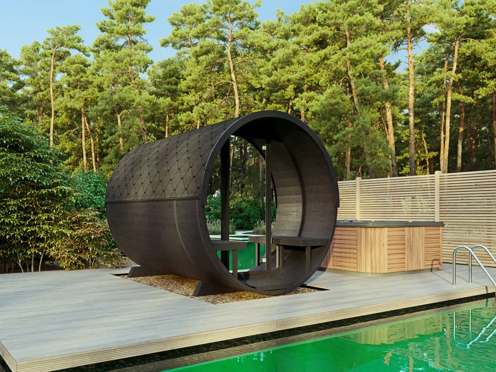 Saunahaus aus Holz in einem Garten